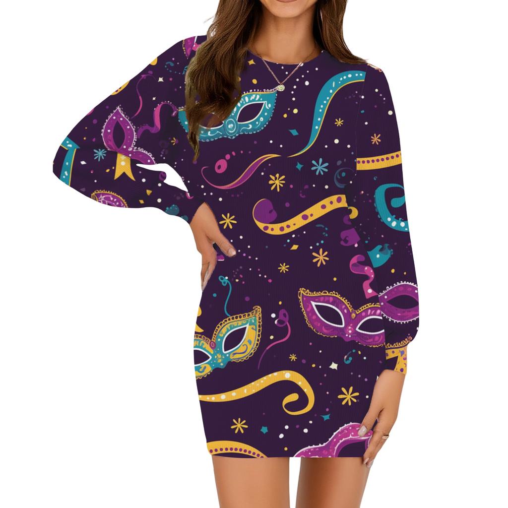 Damen Mode lässig Rundhals Langarm Karneval Druck Kleid