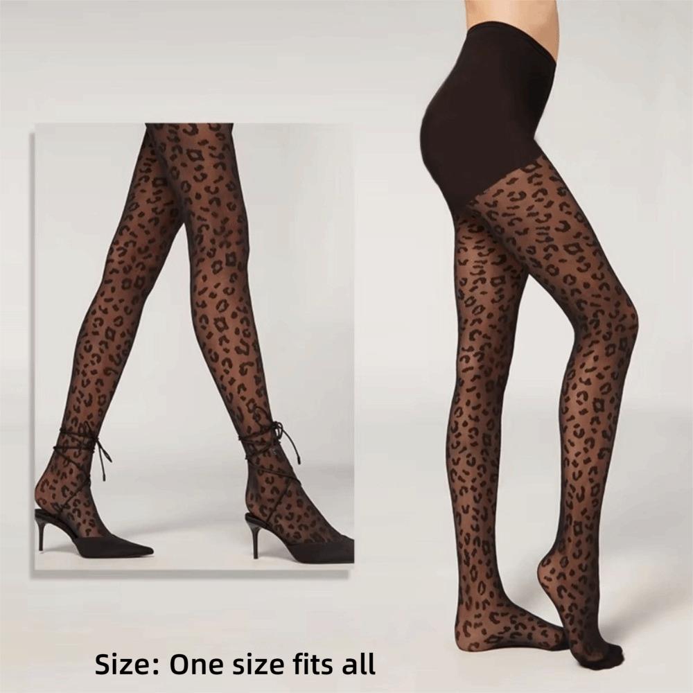Black Sheer Tights Leopard Print Seamless Stockings Y2K Style Thin Pantyhose