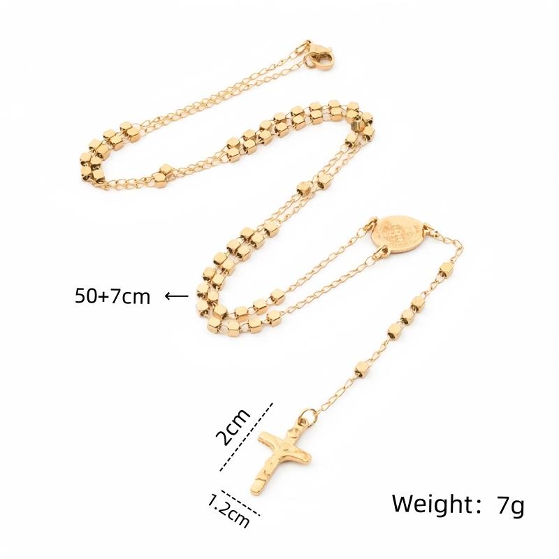 1pcs High Sense of Gold Fashion Stainless Steel Sweater Cross Beads Necklace Retro Pendant Light Luxury Niche Accessories