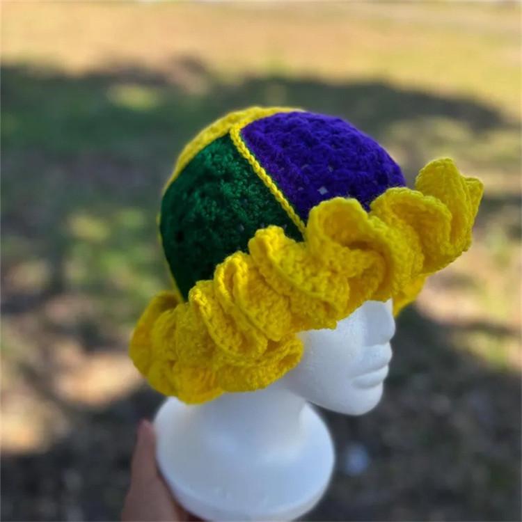 Handmade Crochet Bucket Hat for Woman Teen Outdoor Fisherman Hat Ruffled Brim Winter Windproof Carnivals Hat