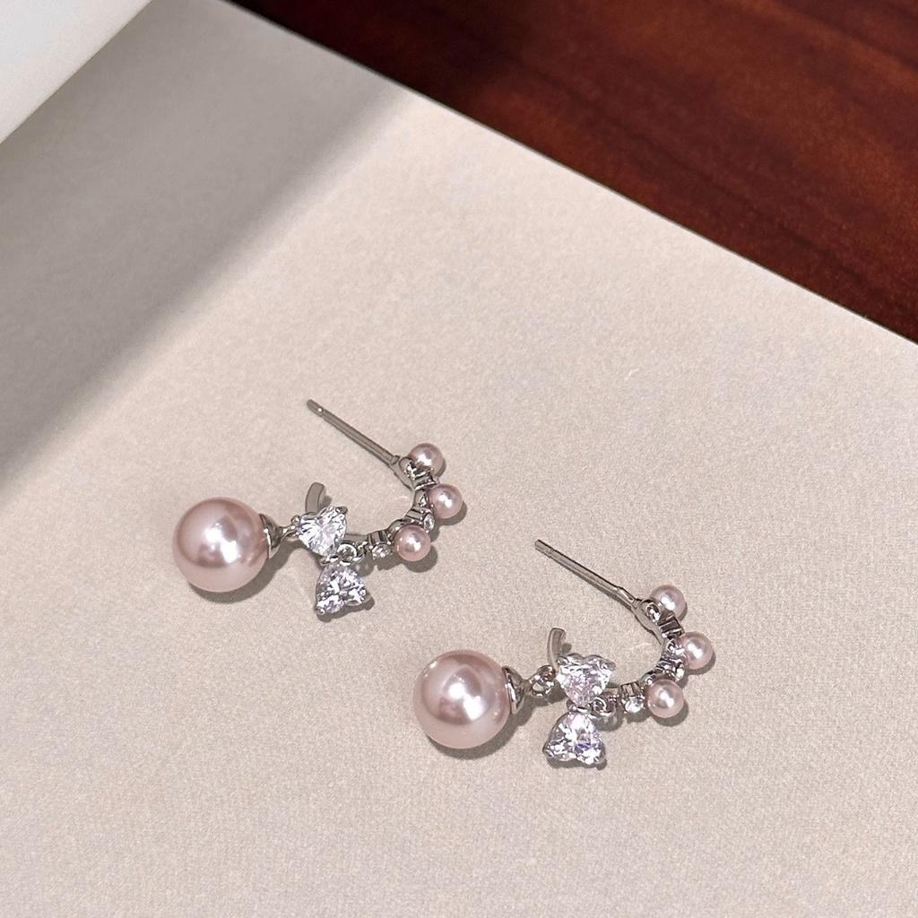 S925 Silver Needle Manta Rose Pearl Bow Pendant Earrings Premium Niche Design