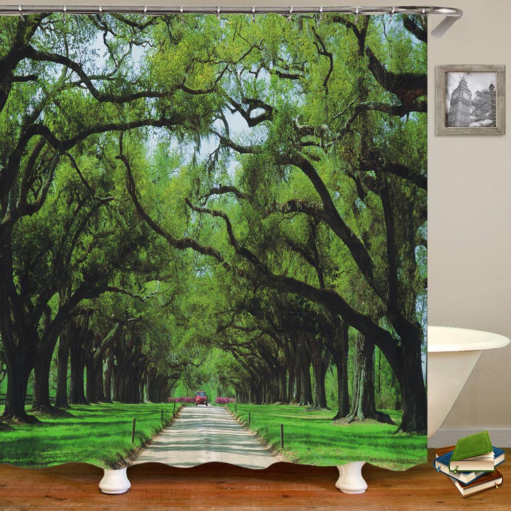 Forest Landscape Shower Curtain Garden 3D Green Plant Tree Natural Scenery Waterproof Polyester Bathroom Curtain Home Decor