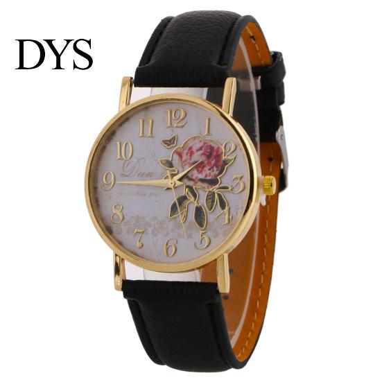 Γυναικείο ρολόι καρπού με αραβικό νούμερο Rose Flower στρογγυλό καντράν από συνθετικό δέρμα λουράκι χαλαζία