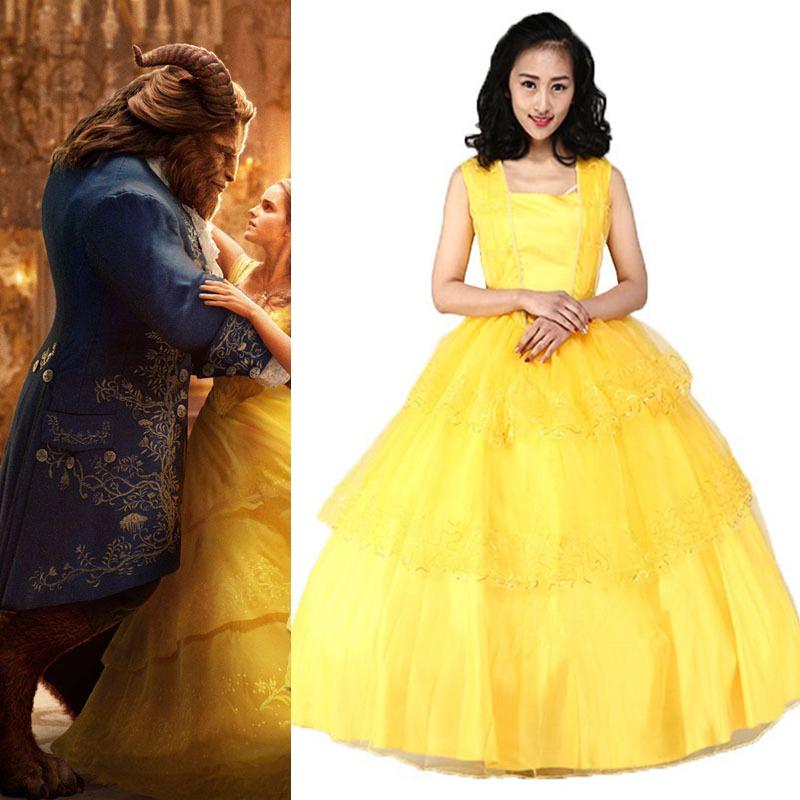 Disney Princess Belle Cosplay Costume Fancy Dress Halloween Adult Yellow Layered Full-length Ball Gowns