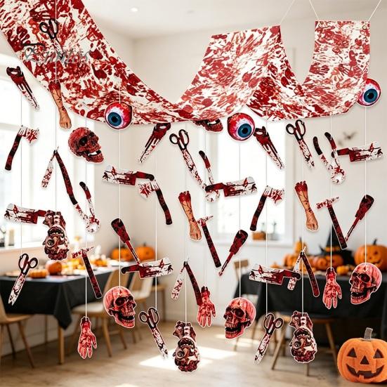 Halloween Horror Hanging Decorations Bleeding Body Parts Decor, Creepy Eyeball Skeleton Haunted House Scary Props Door Curtain for House, Spooky Room