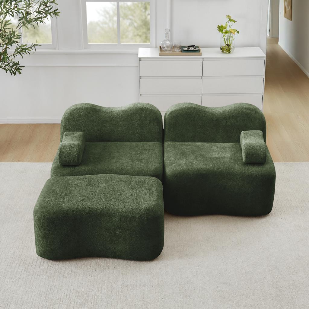 2-Sitzer L-förmiges Modulares Knochenloses Sofa mit 1 Hocker, Wellenform, Bewegliches Armlehnenkissen, für Wohnzimmer & Wohnung, Keine Montage Erforderlich, Grün