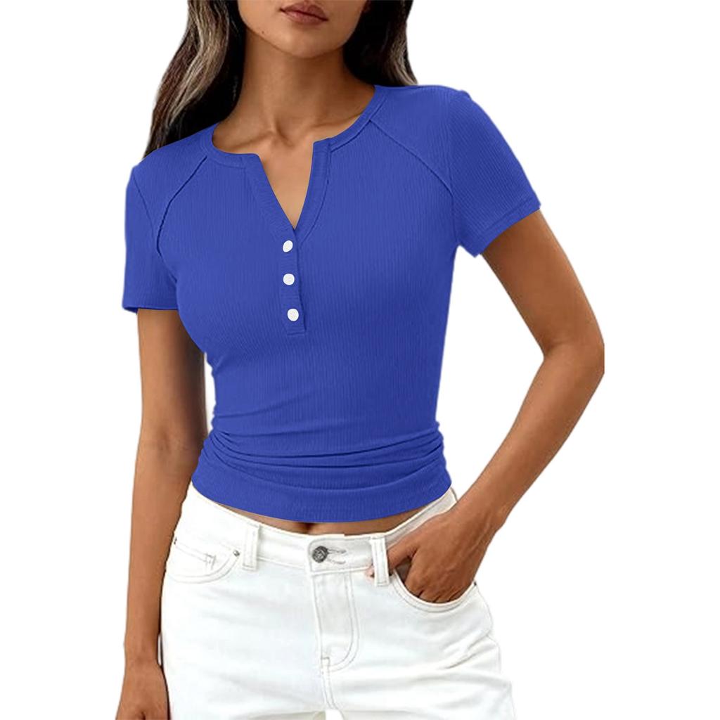 Damenmode Lässig Farbe Neu Kurzarm Dekorative Knöpfe V-Ausschnitt T-Shirt Top