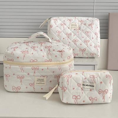 New Korean Style Cosmetic Bag Multi-size Pink Bow Travel Storage Bags Plaid Zipper Stationery Pouch for Women Girls