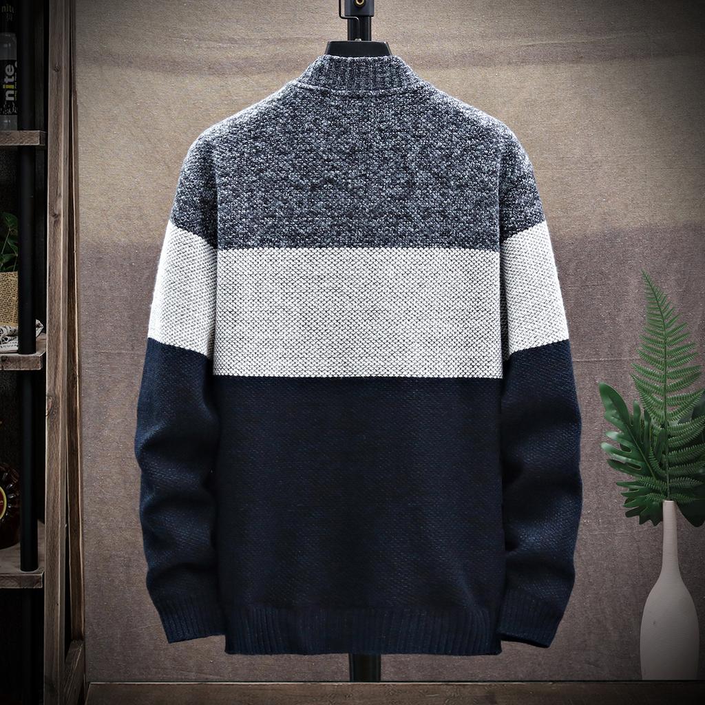 Men's Cardigan Sweaters Knitted Full Zip Collared Regular Fit Jacket Casual Color Block Baggy Winter Warm Coat