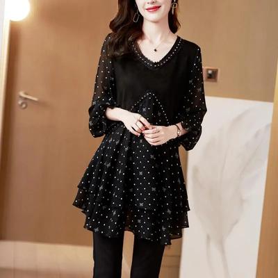 Shirt Women Loose Casual Long Sleeve Chiffon Floral T-Shirt Solid Color Comfortable Peplum Embroidered Shirt Tops