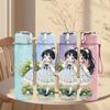 1PC Light Blue Dress Girl Green Leaf Pattern 750ml Color Plastic Sports Water Bottle Leakproof Flip Straw Lid Suitable for Sports Office Home Use