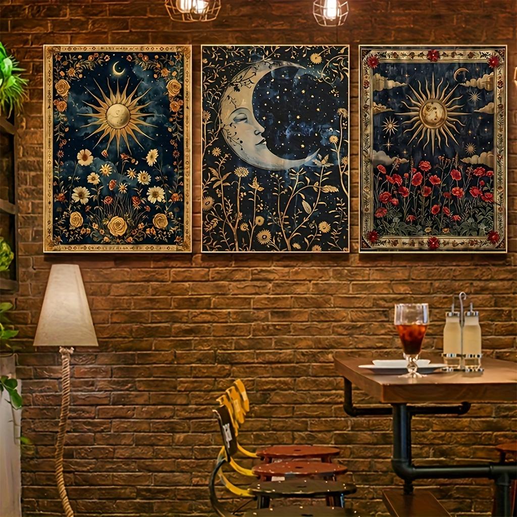 3pcs/set Retro Crescent Moon Sun Plant Canvas Print Beautiful Floral Celestial Theme Landscape Wall Art Poster Modern Home Decor