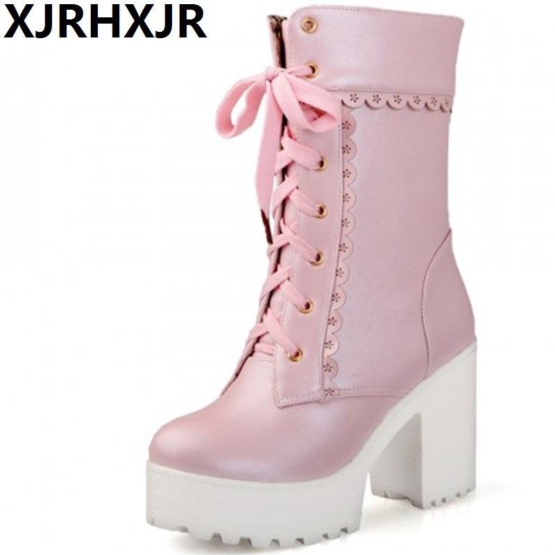 Moda XJRHXJR Białe Studentki Miękka Siostra Lolita Buty na Wysokim Obcasie Cosplay Koronkowe Lolita Słodkie Damskie Buty Platformowe Do Połowy Łydki