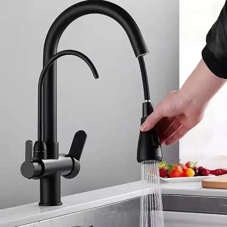 Matte Black Filtered Crane For Kitchen Pull Out Spray 360 Rotation Water Filter Tap Three Ways Sink Mixer Kitchen Faucet