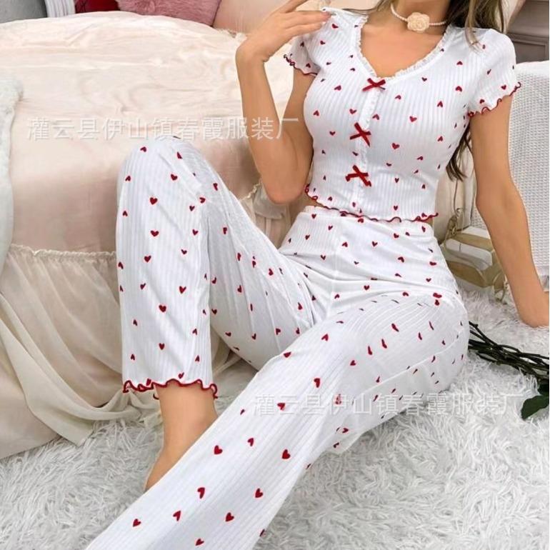 

European and American new hot-selling loungewear printed love V-neck long-sleeved pajamas women can wear trousers two-piece set S