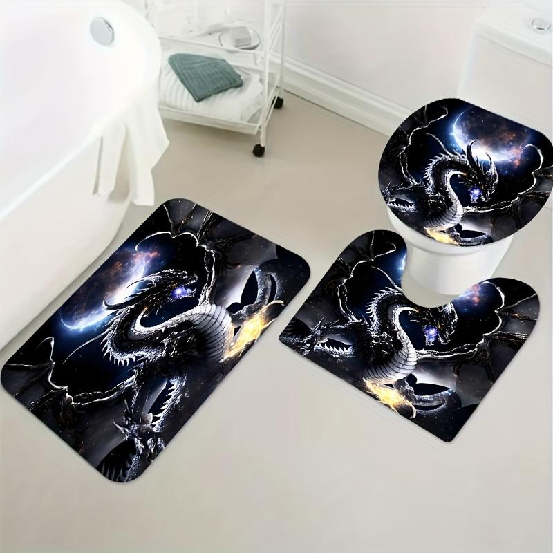 Roaring Black Dragon Bathroom Set Under Moonlight - Waterproof Shower Curtain, Toilet Lid, Bath Mat, And Contour Mat