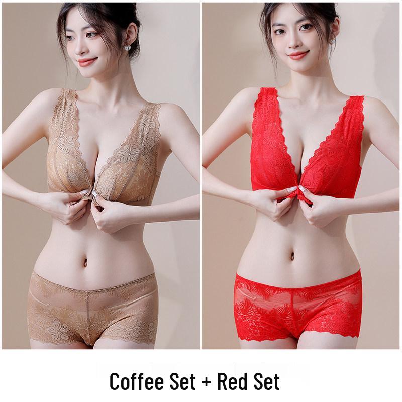 Red Year of the Rabbit Push-up Bra Set: Small Bust, Anti-Sag, Side Support, Bridal