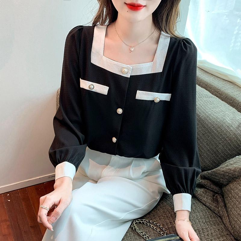 Women Blouses Shirts 2025 Spring Long Sleeve Women Blouse Shirt Square Collar Black White Chiffon Blouse Shirt Women Tops J587