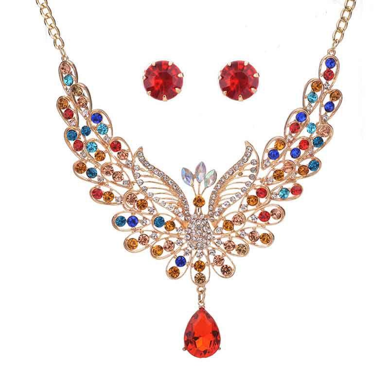 Exquisite Retro Peacock Necklace With Colorful Ear Studs Rhinestone Jewelry Set