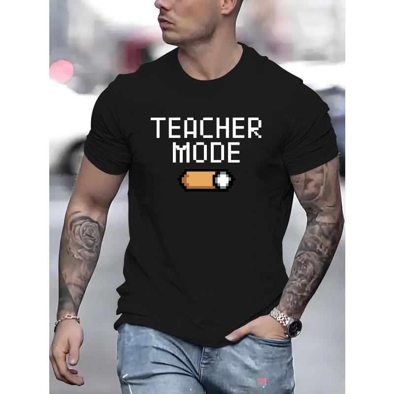 TEACHER MODE Creative Graphic Print, Men's Casual Round Neck Short Sleeve T-shirt, Versatile Outdoor Comfy Top For Summer