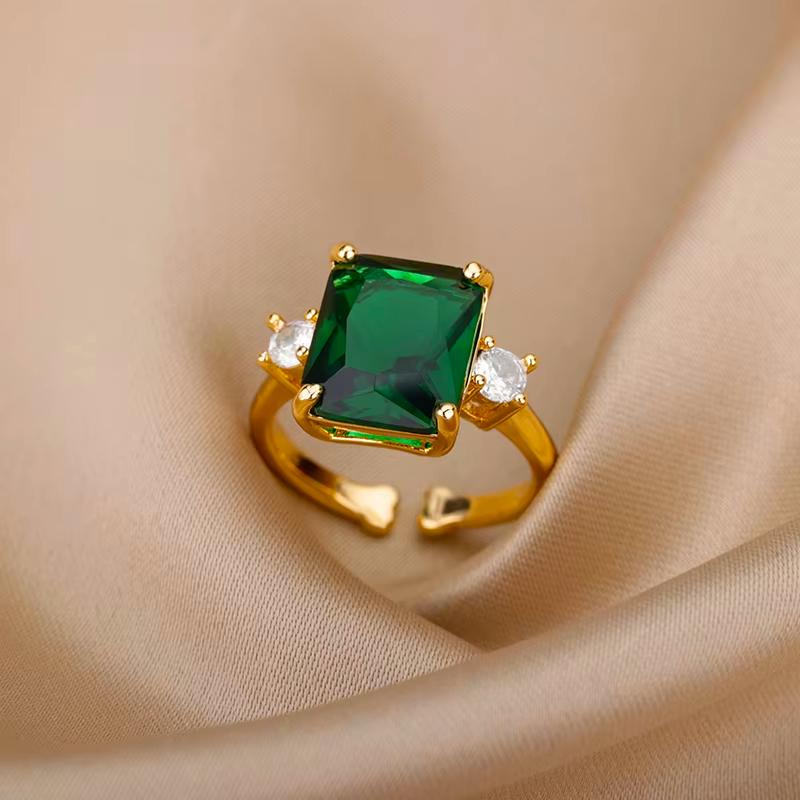 

Vintage Green Crystal Zircon Heart Rings For Women Gold Color Stainless Steel Open Ring Fashion Aesthetic Zircon Wedding Gift