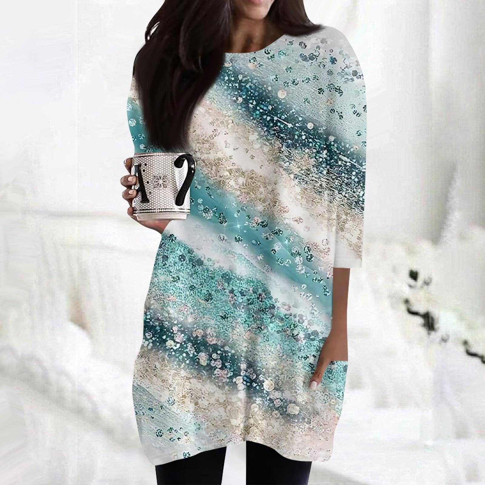 

Женские повседневные рубашки с рукавами 3/4, модные туники с принтом, топы с карманами зелёный