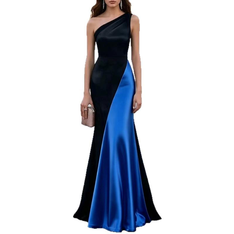 Women's One Shoulder Mermaid Maxi Dress Color Block Fishtail Elegant Evening Party Gown