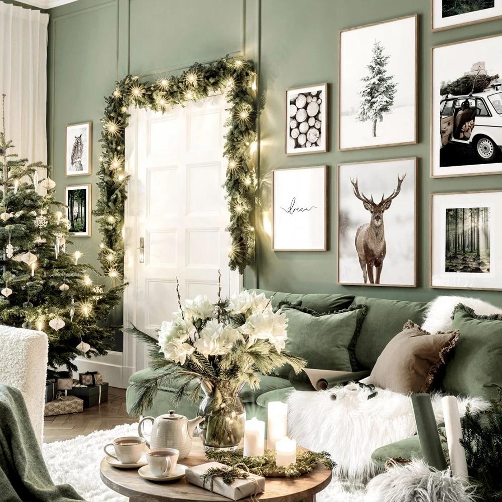 Christmas Decor Winter Snow Forest Deer Elk Owl Sunlight Painting Scenery Home Decor Canvas Poster Art Print Wall Picture