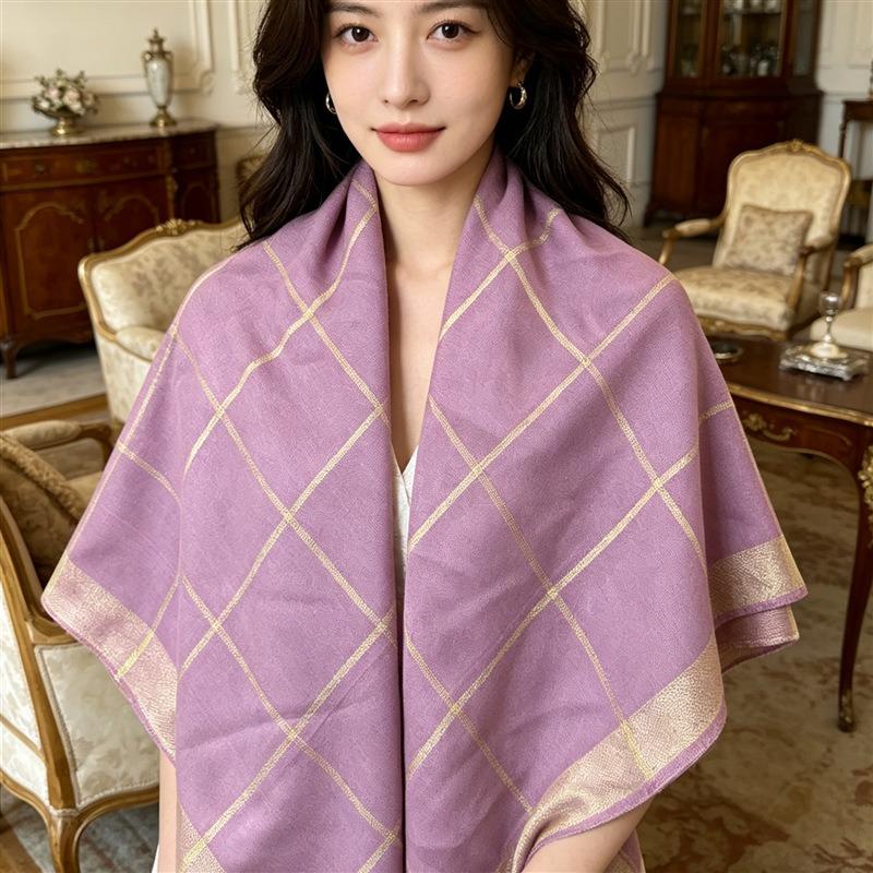 Women S Gold Line Plaid Square Scarf 90x90cm Elegant Shawl For Autumn Winter