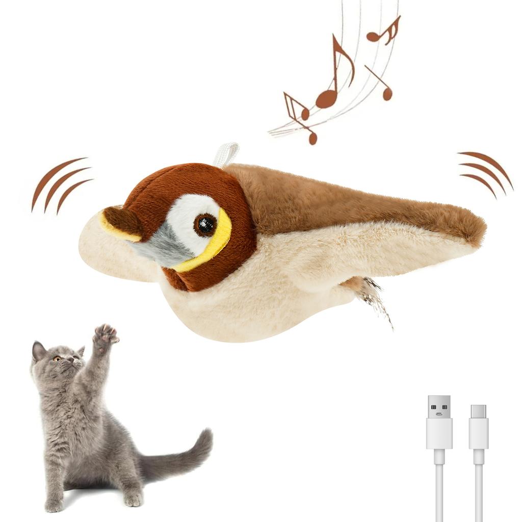 Interactive Cat Toys Bird Electric Flapping Wings Sound Chirping Bird lifelike Rechargeable Pet Cat Activated  Plush Toys