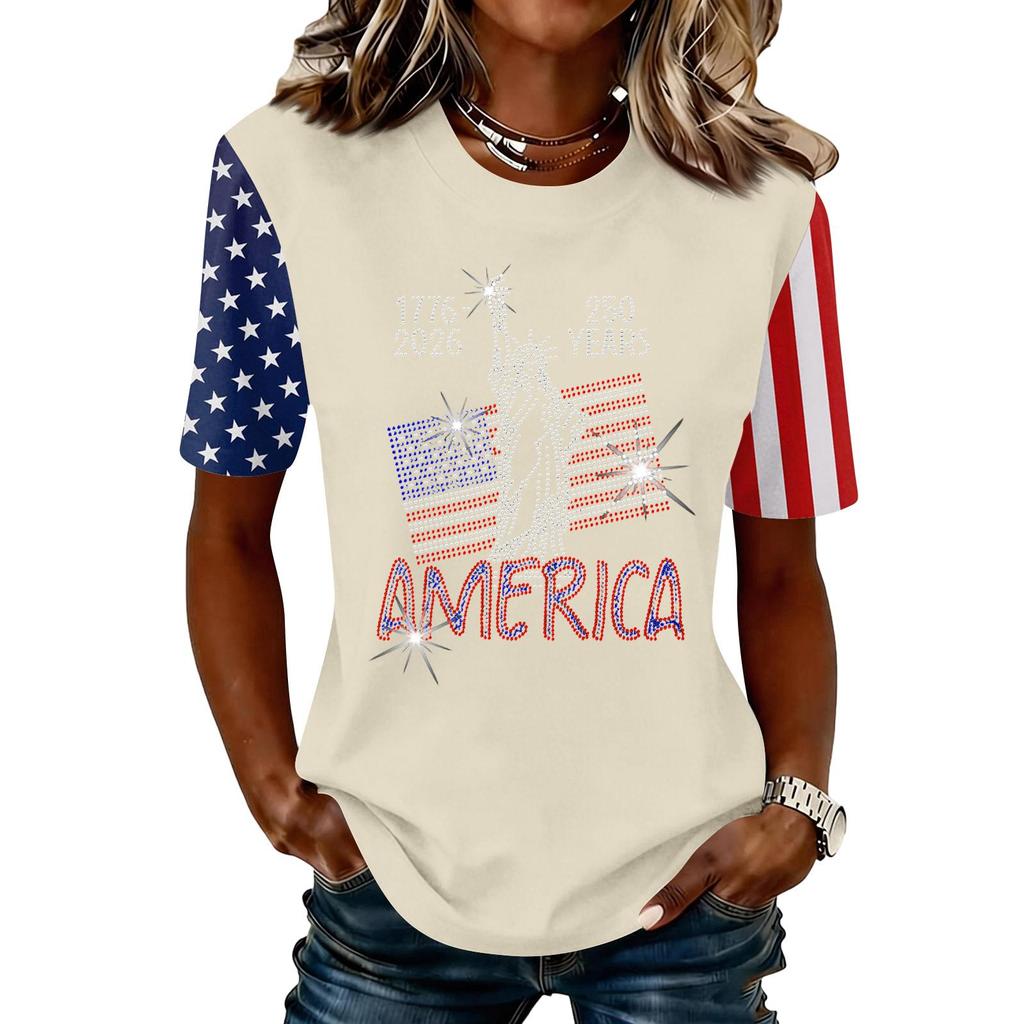 Blusa Feminina da Moda Casual de Manga Curta com Estampa e Gola Redonda