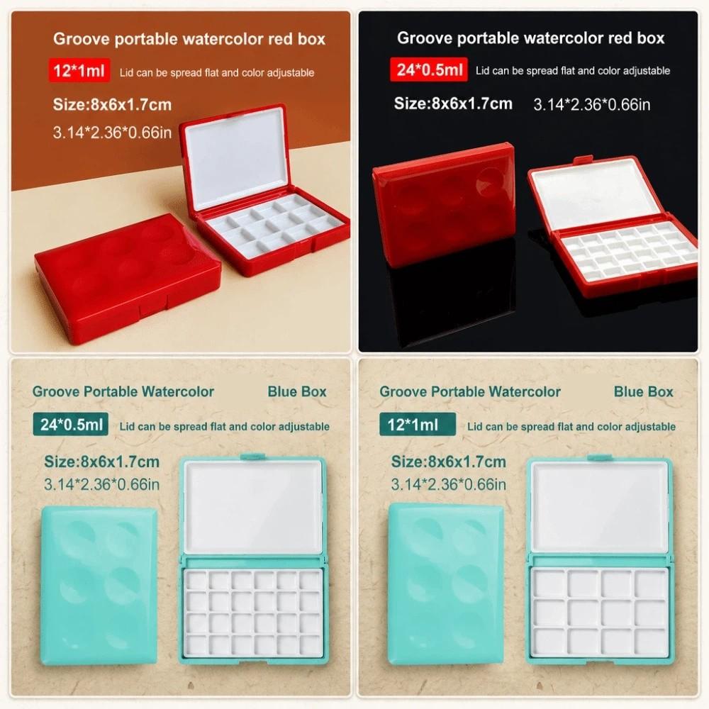 2PCS 12/24 Grids Watercolor Box Red/Blue Embossed Surface Paint Storage Palettes Box Portable Plastic Painting Pigment Box
