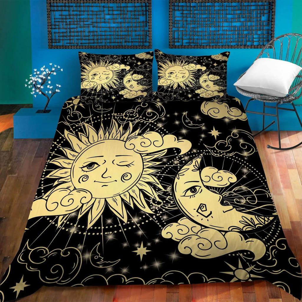 Duvet Cover Set Golden Sun and Moon Boho Mysterious Color Home Decor Bedding Set Adults Gifts with Zipper Decorative Quilt Cover