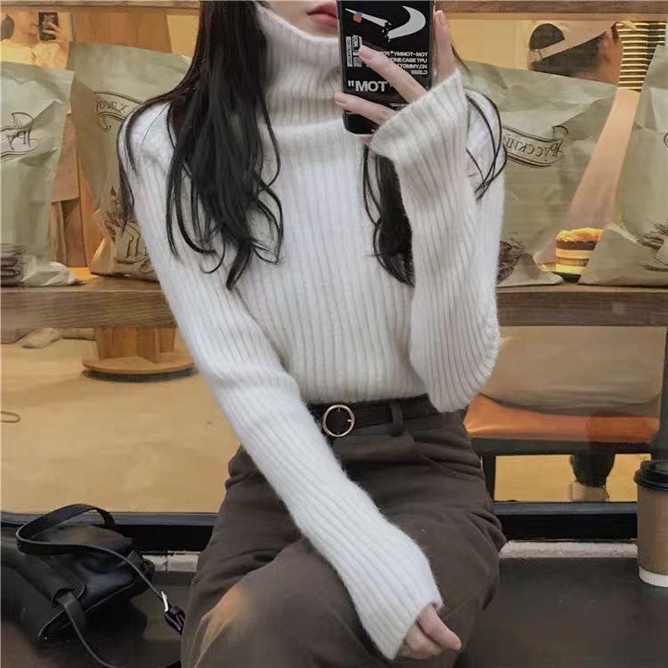 Women's Korean Style High Neck Ribbed Cashmere Sweater, Soft & Fluffy Autumn/Winter Knitwear.