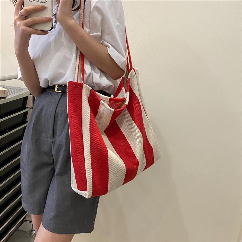 Stylish Urban Stripe Canvas Tote Bag Large Capacity Summer Shoulder Bag For Women 2022