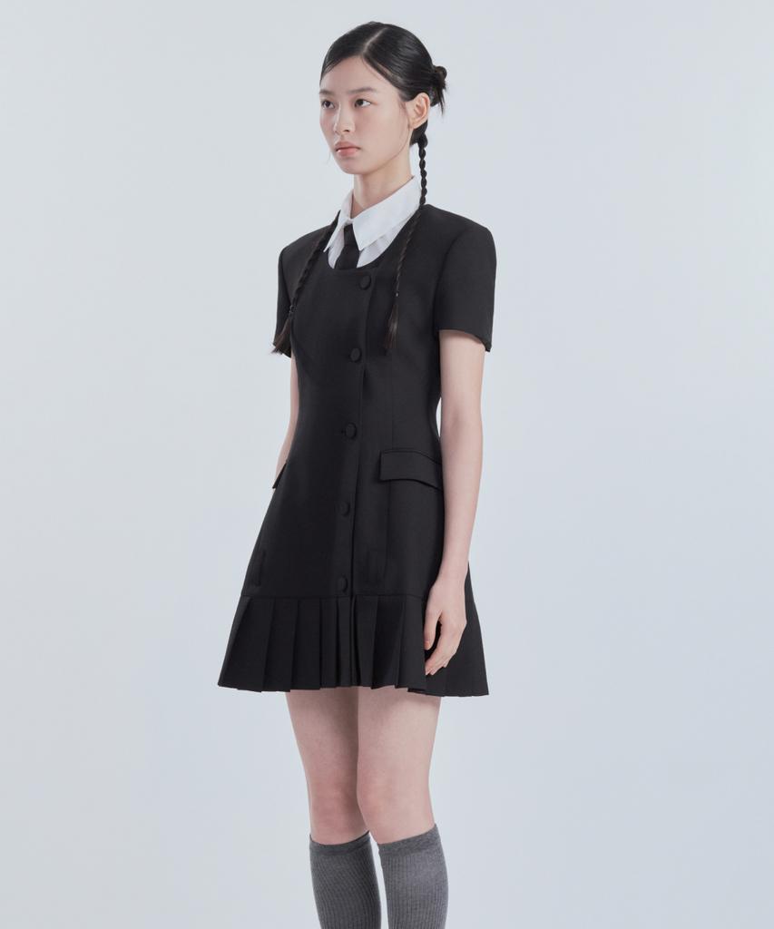 Mausolleum [Select Length] Jenn Round Neck Pleated Half-Sleeve Suit Jacket Dress - Black