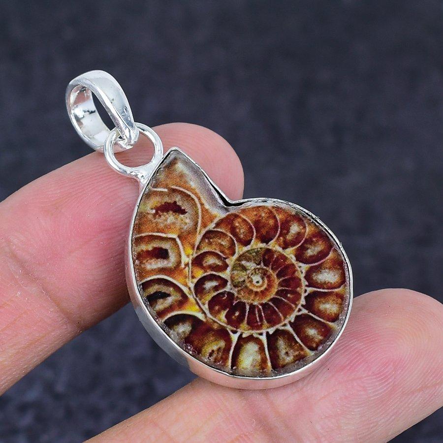 Ammonite Fossil Gemstone 925 Sterling Silver Jewelry Pendant 1.77"