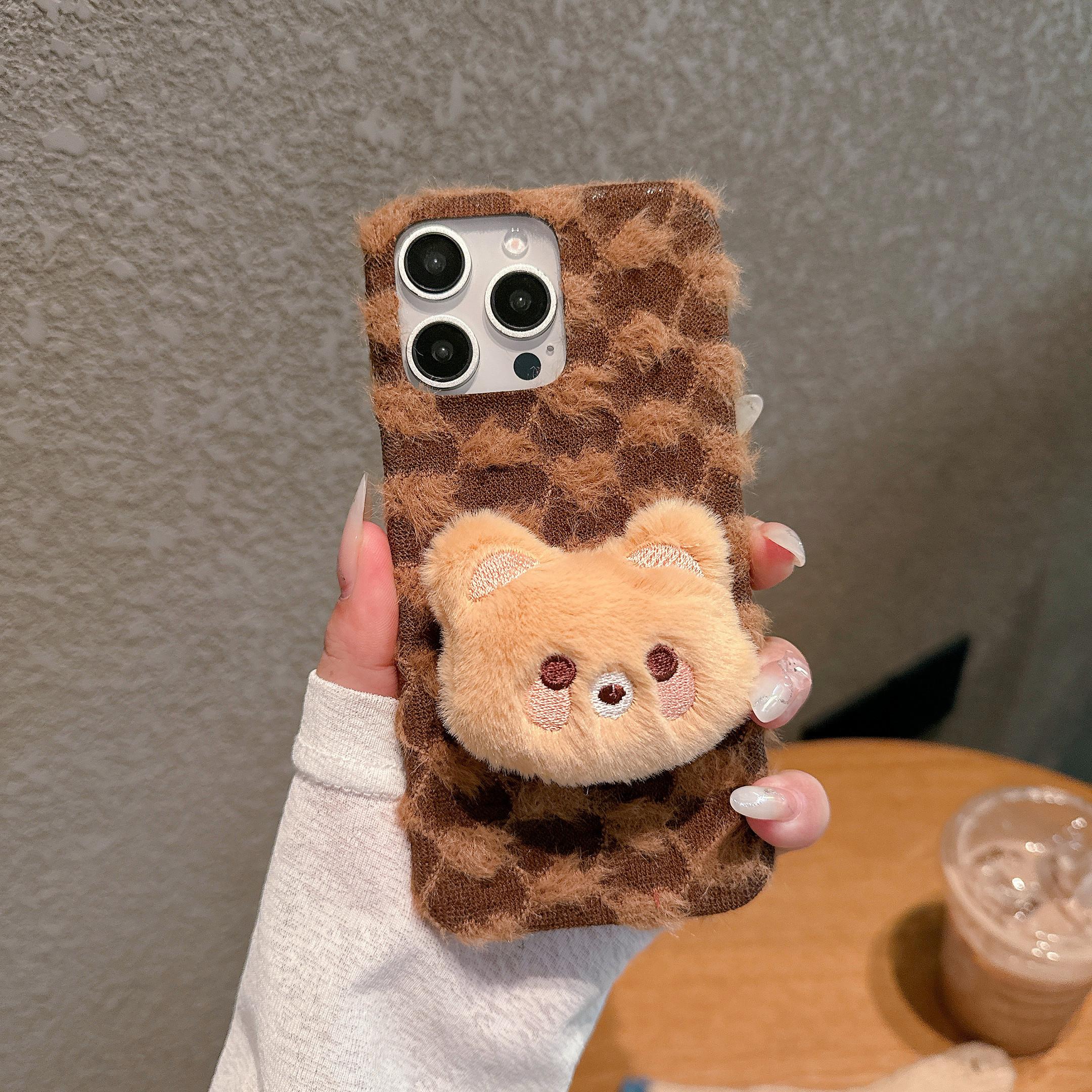 

For iPhone 16 Pro Case Cute Furry Warm Plush Hard PC Winter Phone Cover Briquette