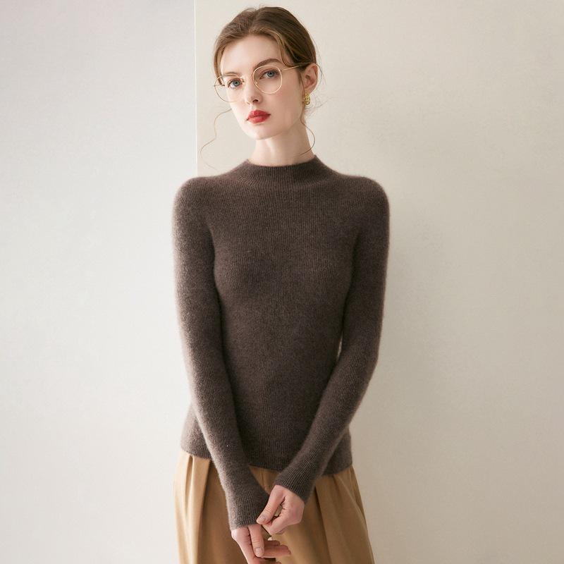 Women's 100% Pure Cashmere Seamless Half-High Collar Slim Fit Sweater - Perfect Knit Base for Autumn/Winter