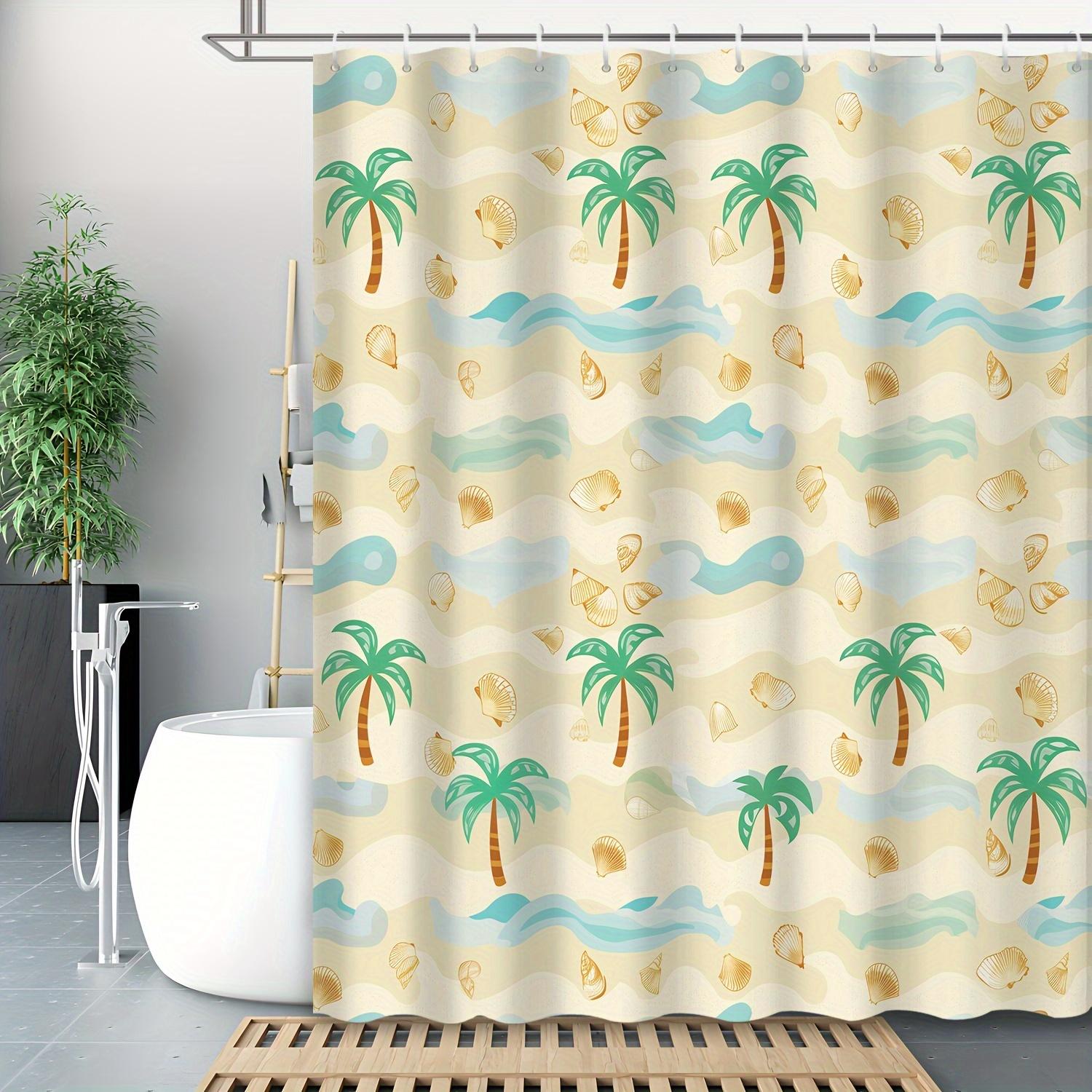 

Hand-Painted Beach Waves & Palm Shower Curtain - Cartoon Shell Print, Wall Hanging Bathroom Decor W60H190(CM)-1 Pcs