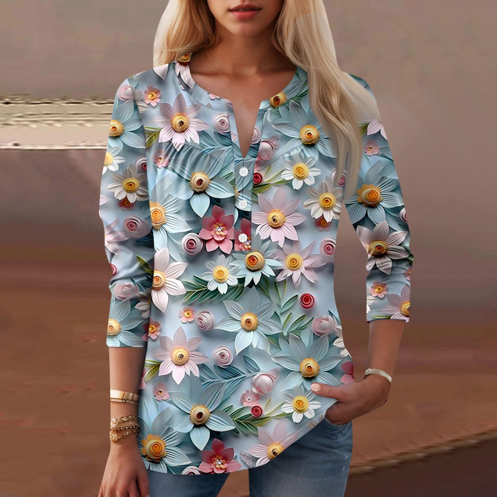 

Женская мода повседневный топ с длинным рукавом и круглым вырезом с цветочным принтом XL светло-синий