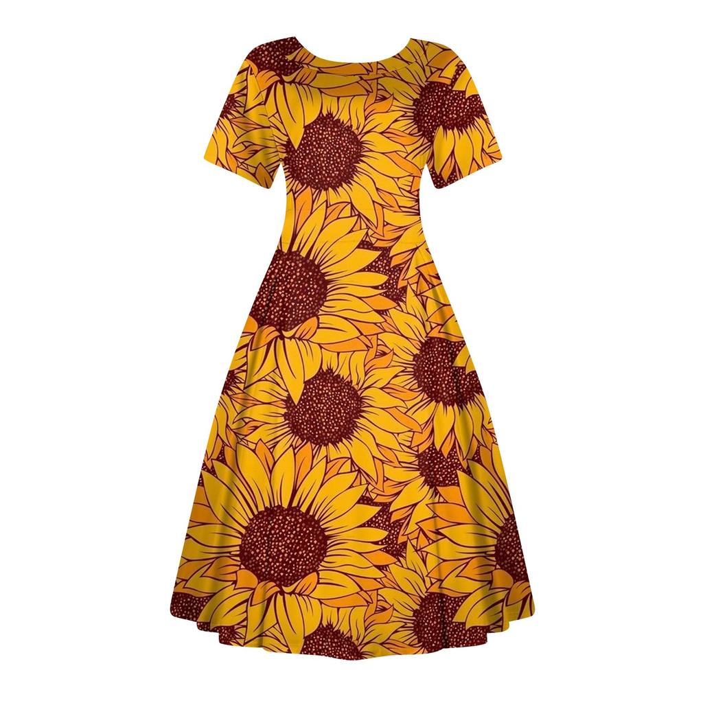 Women's Casual Fashion Dress Vintage Sunflower Printed Round Short Sleeve  Waisted Midi Long Big Swing Dresses – buy the best products in the Ayzeze  online store