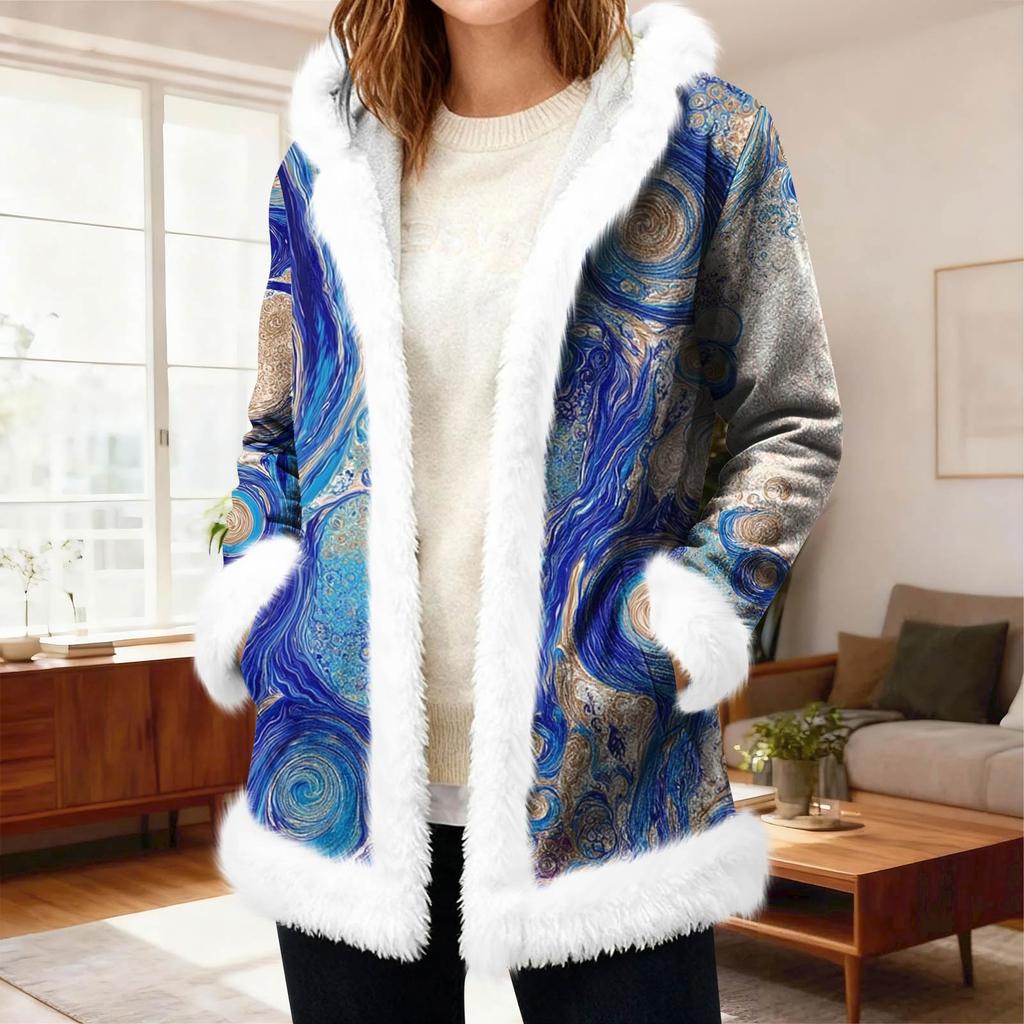 Lässiger Damen-Fleece-Kapuzen-Cardigan mit Taschen Warme Oberbekleidung