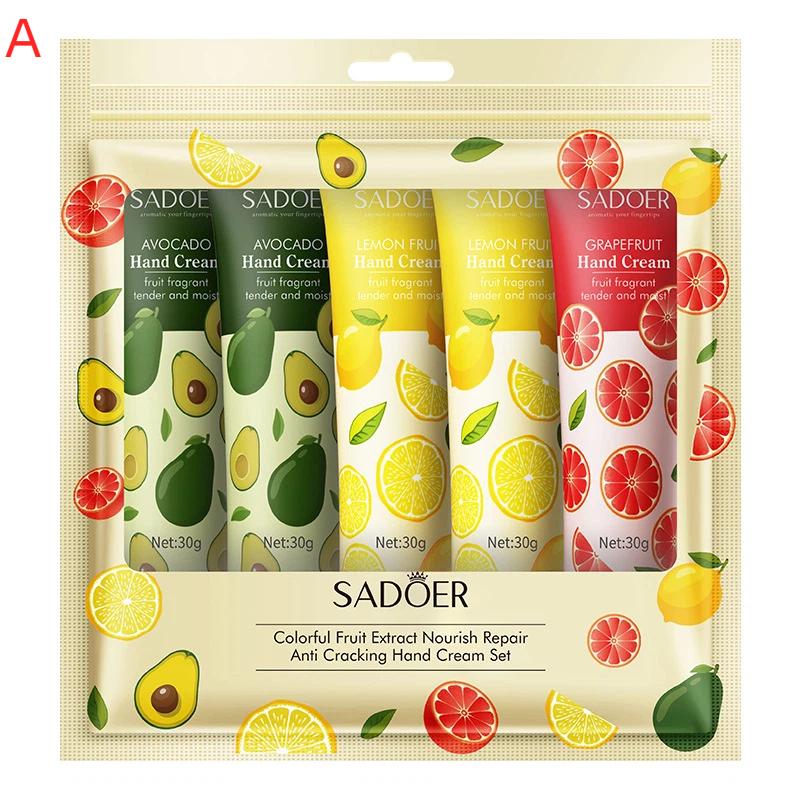 Sadoer 5Pcs/Set Fruit Plant Fragrance Hand Cream Sets Moisturizing Anti Dry Hand Lotion Sets Hands Skin Care Products