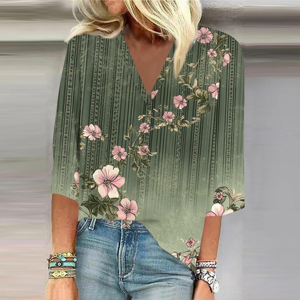 Women's Shirt Blouse Casual Loose Shirts 3/4 Sleeve Print V Neck Tops Print Tops T-shirts Tee