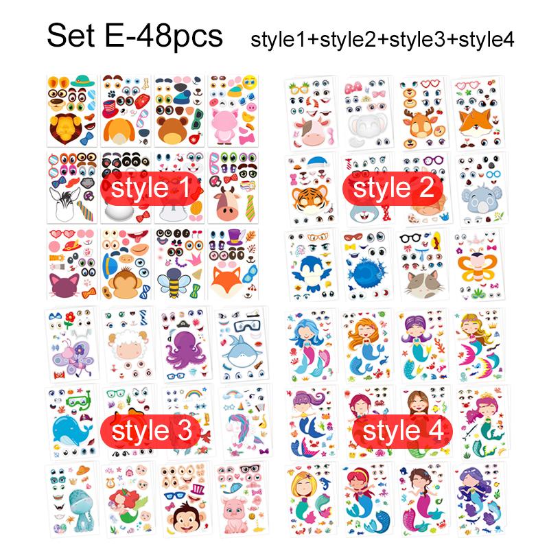 36/48pcs Children Face Changing Sticker Toy Cartoon Animal Stickers Reusable Waterproof Parent Child Interactive Toys TMZ