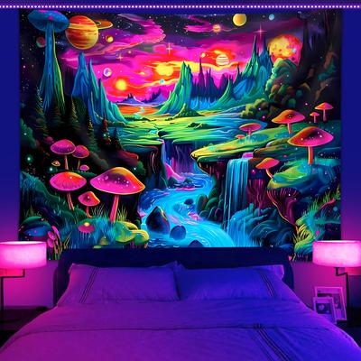 1pc Mushroom Fluorescent Tapestry, UV Responsive Landscape Tapestry, Space Planet Landscape Tapestry, Bedroom Decoration