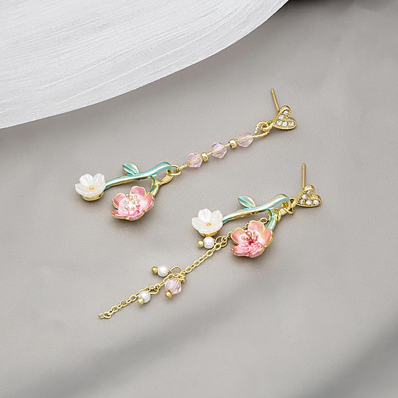 Asymmetrical Cherry Blossom Tassel Earrings