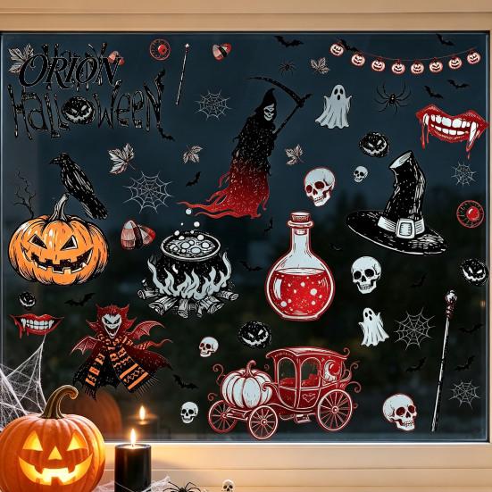 Removable Holiday Window Art 9PCS Halloween Static Stickers, Gothic Silhouette Decals, Reusable Waterproof PVC Wall Murals Horror for Glass