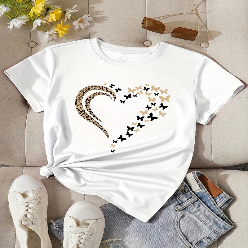 Blue Heart-Shaped Trendy Style Women's T-shirt Funny Cartoon Short-Sleeved Graphic T-Shirt Fashion Print for Casual Wear